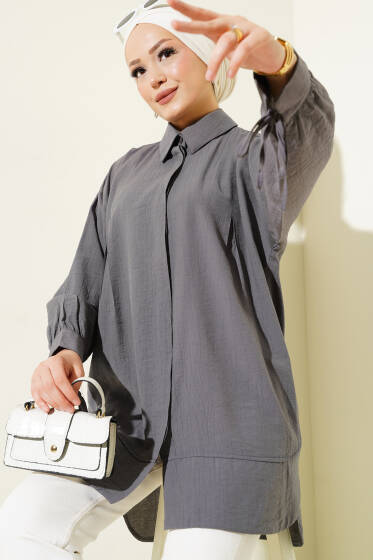 Manşet İpli Göğüs Pileli Gömlek Füme - Gömlek