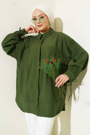 Manşet İpli Göğüs Pileli Gömlek Haki - Gömlek