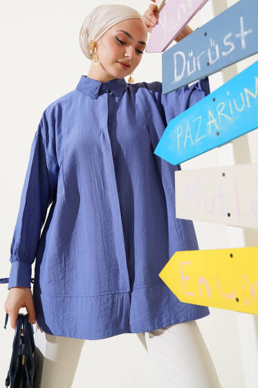Manşet İpli Göğüs Pileli Gömlek İndigo - Gömlek