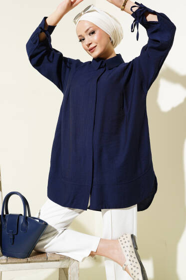 Manşet İpli Göğüs Pileli Gömlek Lacivert - Gömlek