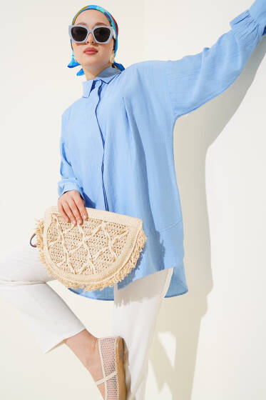 Manşet İpli Göğüs Pileli Gömlek Mavi - Gömlek