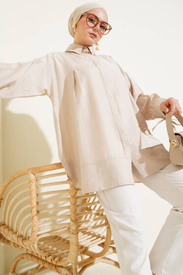 Manşet İpli Göğüs Pileli Gömlek Taş - Gömlek