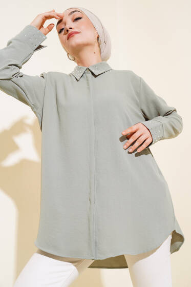 Manşet ve Yaka Taşlı Gömlek Çağla Yeşili - Gömlek
