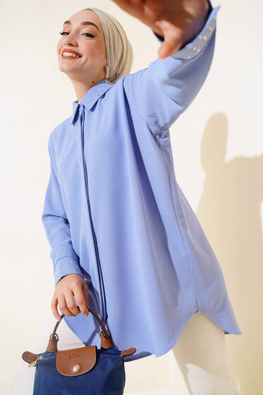 Manşet ve Yaka Taşlı Gömlek Mavi - Gömlek