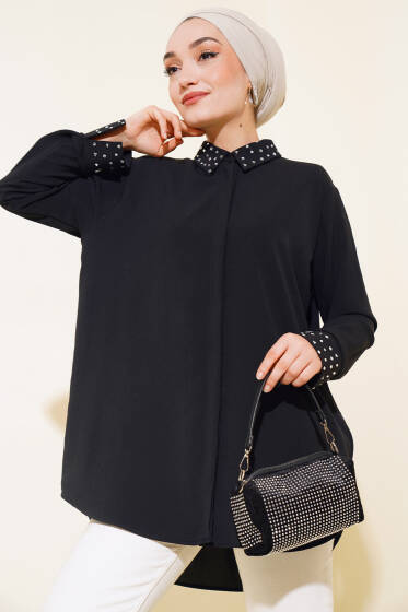 Manşet ve Yaka Taşlı Gömlek Siyah - Gömlek