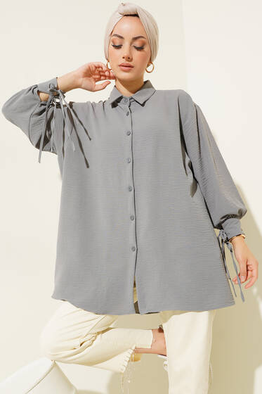 Manşetleri Bağcıklı Ayrobin Gömlek Gri - Gömlek