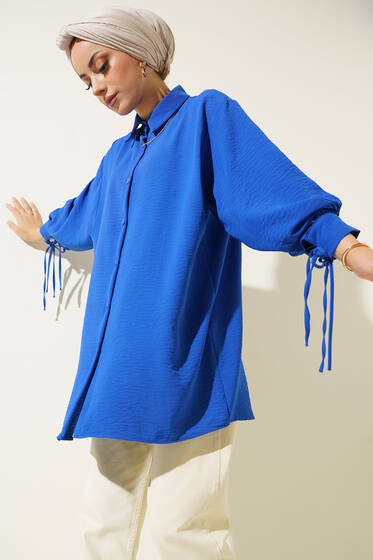 Manşetleri Bağcıklı Ayrobin Gömlek Saks - Gömlek