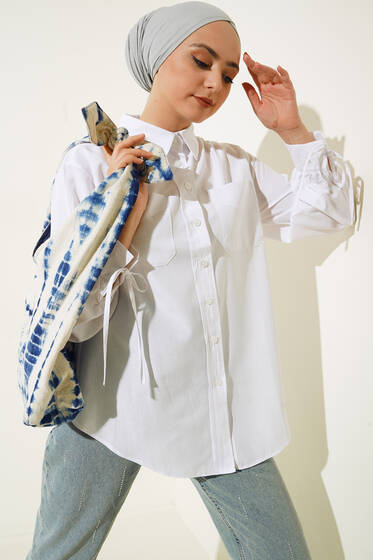 Manşetleri Bağcıklı Cepli Gömlek Beyaz - Gömlek