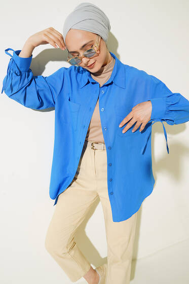 Manşetleri Bağcıklı Cepli Gömlek İndigo - Gömlek