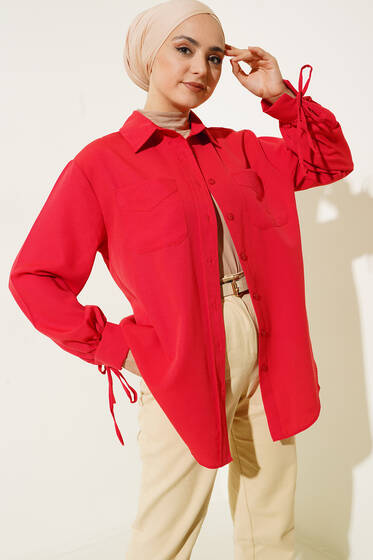 Manşetleri Bağcıklı Cepli Gömlek Kırmızı - Gömlek