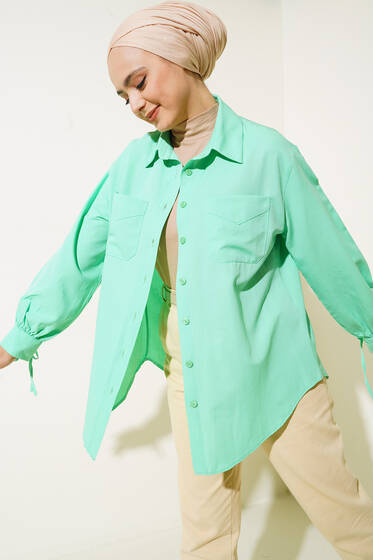 Manşetleri Bağcıklı Cepli Gömlek Mint - Gömlek