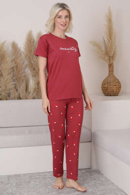 Mantar Baskılı Kısa Kol Pijama Takım Burgonya - Kadın Pijama Takımı