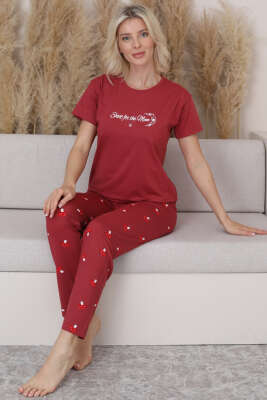 Mantar Baskılı Kısa Kol Pijama Takım Burgonya 