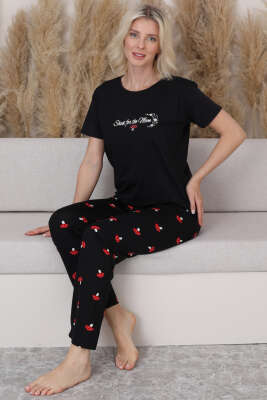 Mantar Baskılı Kısa Kol Pijama Takım Siyah - Kadın Pijama Takımı