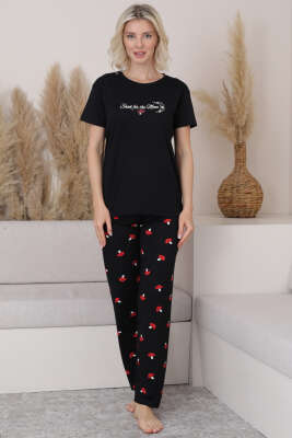 Mantar Baskılı Kısa Kol Pijama Takım Siyah - Kadın Pijama Takımı