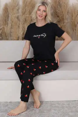 Mantar Baskılı Kısa Kol Pijama Takım Siyah 