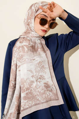 Manzara Desen Bambu Kraş Şal Bej - Başörtüsü