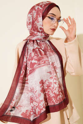 Manzara Desen Bambu Kraş Şal Bordo 