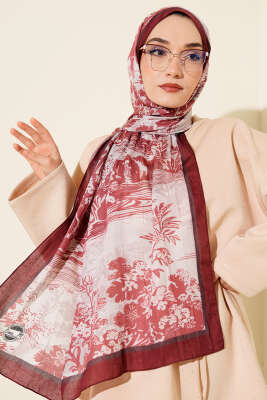Manzara Desen Bambu Kraş Şal Bordo - Başörtüsü