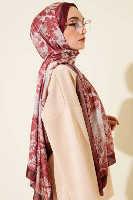 Manzara Desen Bambu Kraş Şal Bordo - Başörtüsü
