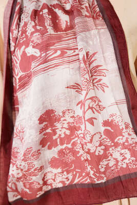 Manzara Desen Bambu Kraş Şal Bordo - Başörtüsü