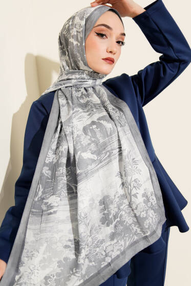 Manzara Desen Bambu Kraş Şal Gri - Başörtüsü