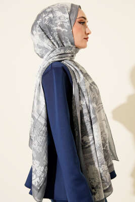 Manzara Desen Bambu Kraş Şal Gri - Başörtüsü