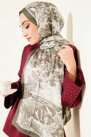 Manzara Desen Bambu Kraş Şal Haki - Başörtüsü
