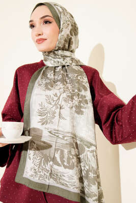 Manzara Desen Bambu Kraş Şal Haki - Başörtüsü