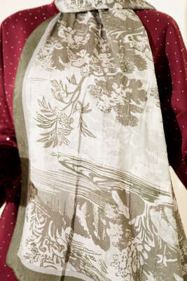 Manzara Desen Bambu Kraş Şal Haki - Başörtüsü