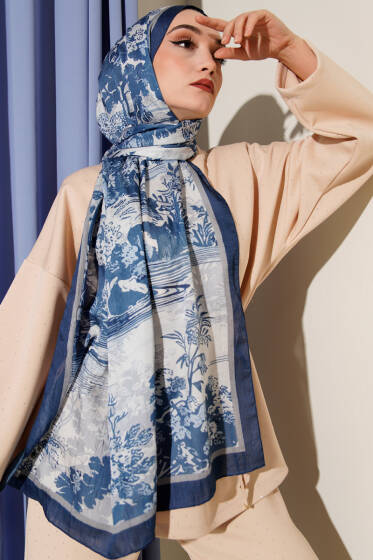 Manzara Desen Bambu Kraş Şal Lacivert - Başörtüsü
