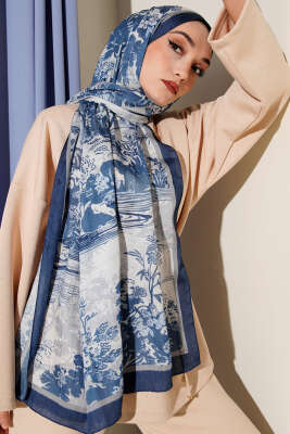 Manzara Desen Bambu Kraş Şal Lacivert - Başörtüsü