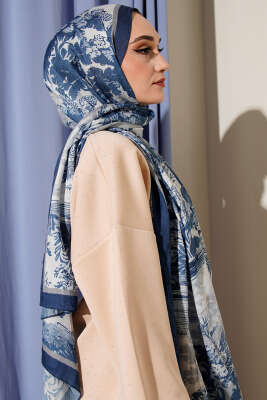 Manzara Desen Bambu Kraş Şal Lacivert - Başörtüsü