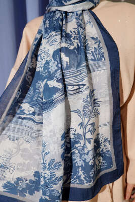 Manzara Desen Bambu Kraş Şal Lacivert - Başörtüsü