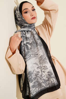 Manzara Desen Bambu Kraş Şal Siyah - MODA KAPRİS