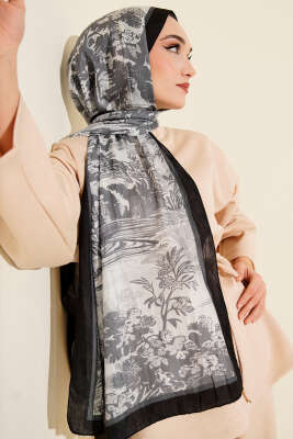 Manzara Desen Bambu Kraş Şal Siyah - Başörtüsü
