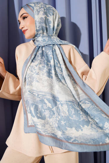 Manzara Desen Bambu Kraş Şal Soft Mavi - Başörtüsü