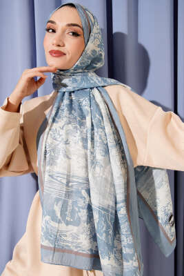 Manzara Desen Bambu Kraş Şal Soft Mavi - Başörtüsü