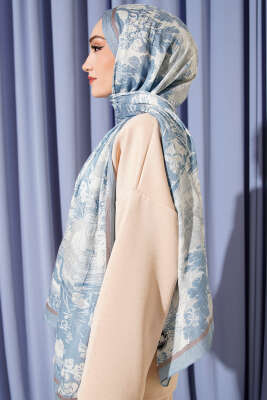 Manzara Desen Bambu Kraş Şal Soft Mavi - Başörtüsü