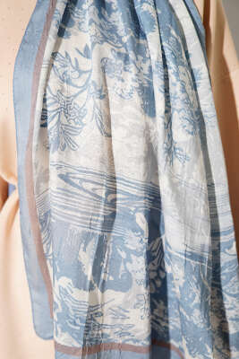 Manzara Desen Bambu Kraş Şal Soft Mavi - Başörtüsü