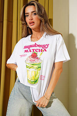 Matcha Baskılı T-shirt Beyaz - THANKS