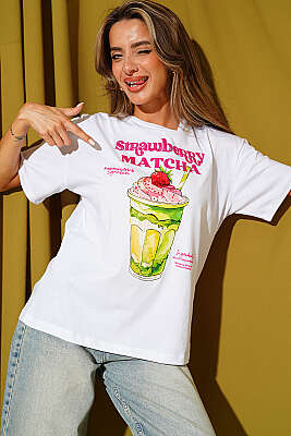 Matcha Baskılı T-shirt Beyaz - Kadın Giyim Modelleri