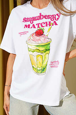Matcha Baskılı T-shirt Beyaz - Kadın Giyim Modelleri