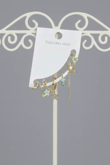 Mavi Detaylı 6'lı Kombin Seti Gold - Küpe