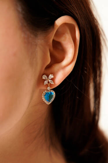 Mavi Taş Kalpli Küpe Gold - Küpe