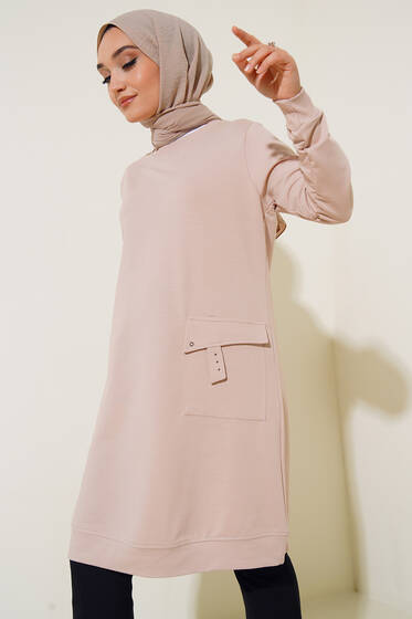 Mega Cep Detaylı Uzun Tunik Bej - Tunik