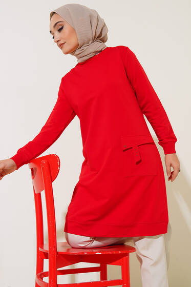 Mega Cep Detaylı Uzun Tunik Kırmızı - Tunik