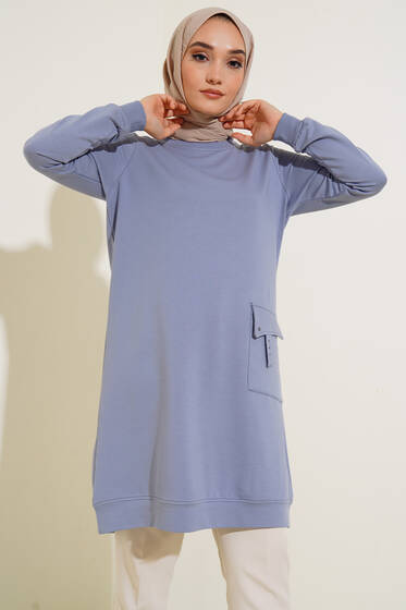 Mega Cep Detaylı Uzun Tunik Mavi - Tunik