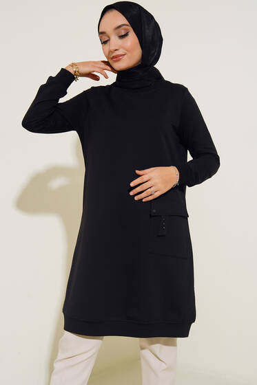 Mega Cep Detaylı Uzun Tunik Siyah - Tunik