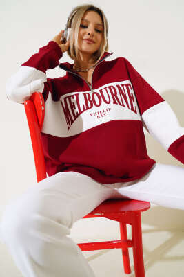 Melbourne Baskılı Üç İplik Sweatshirt Bordo 